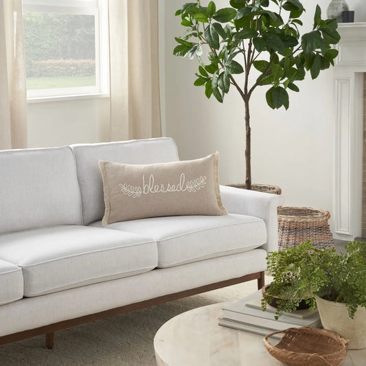 Embroidered Cotton Throw Pillow 12x21 Farmhouse Cushion