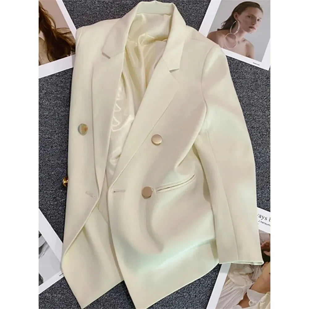 Women's Double-Breasted Blazer Coat . Elegant Long Sleeve Tailored Jacket