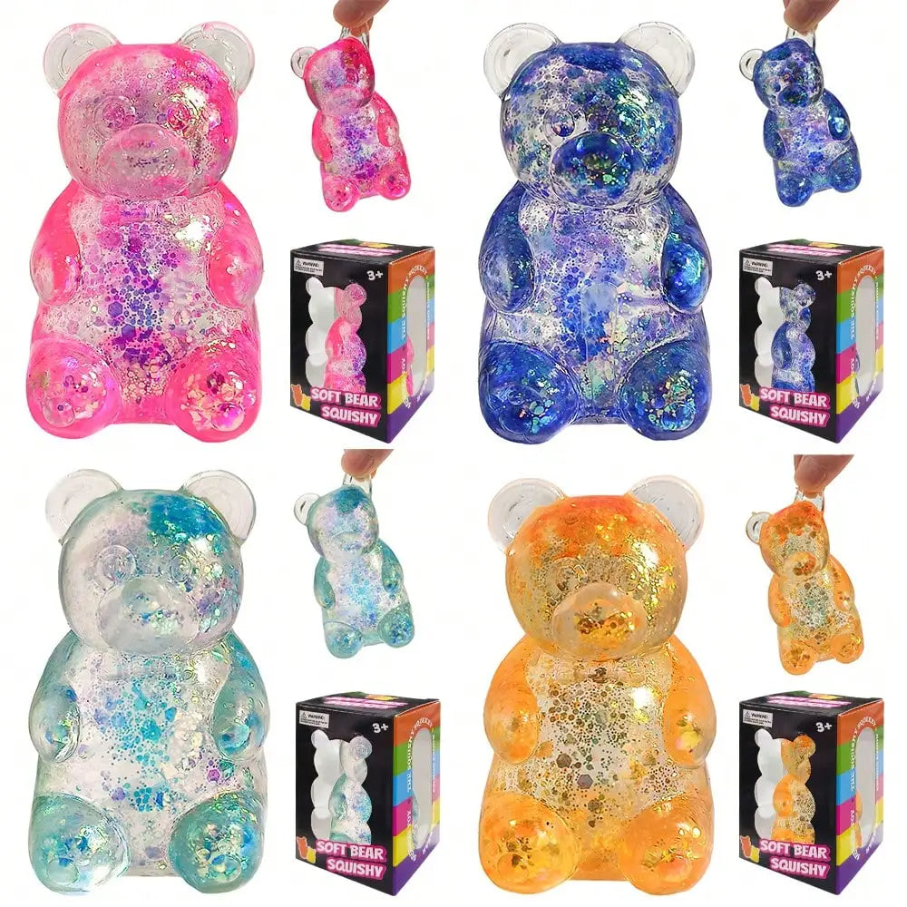 4-Piece Giant Gummy Bear Squishy Toy Set. Soft Stretchy Sensory Fidget Toys for Kids & Adults