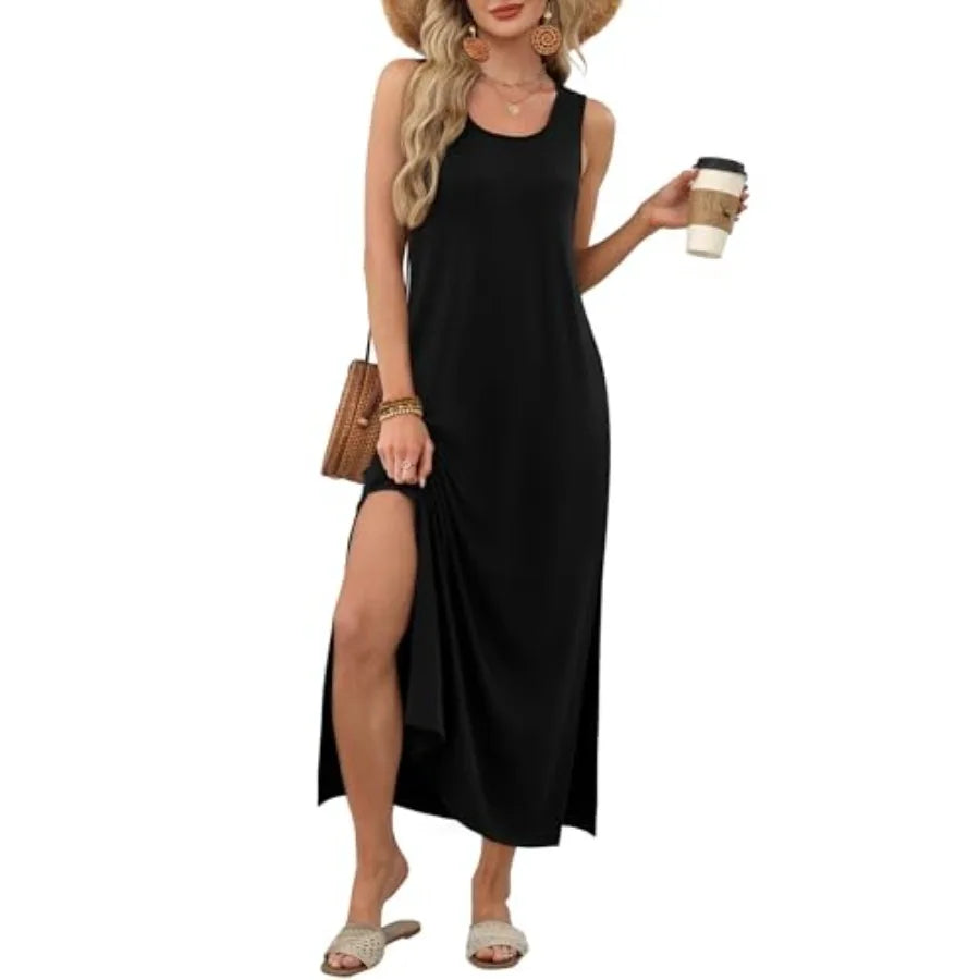 Women’s Sleeveless Casual Maxi Dress | Summer Beach Vacation Side Slit Dress