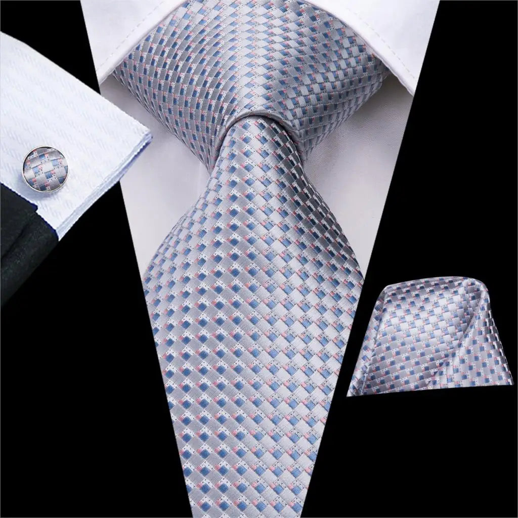 Hi-Tie Luxury Silver Men’s Necktie Set with Pocket Square & Cufflinks | Wedding, Business & Formal Events