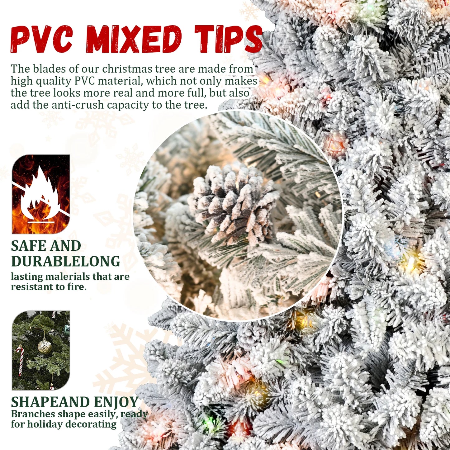 FT Pre-Lit Snow-Flocked Artificial Christmas Tree .Premium Mixed PVC Branches with Warm Holiday Lighting