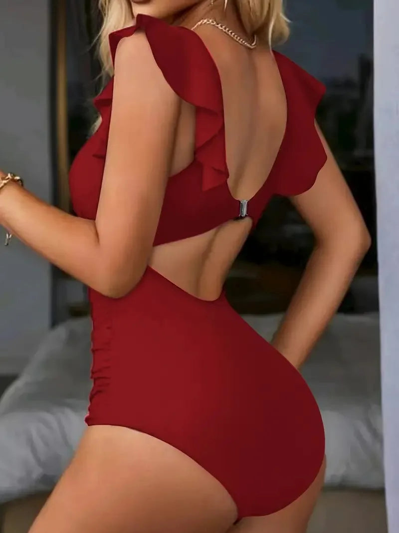V-Neck Cutout One-Piece Swimsuit.  Contrast Mesh High-Waist Swimwear