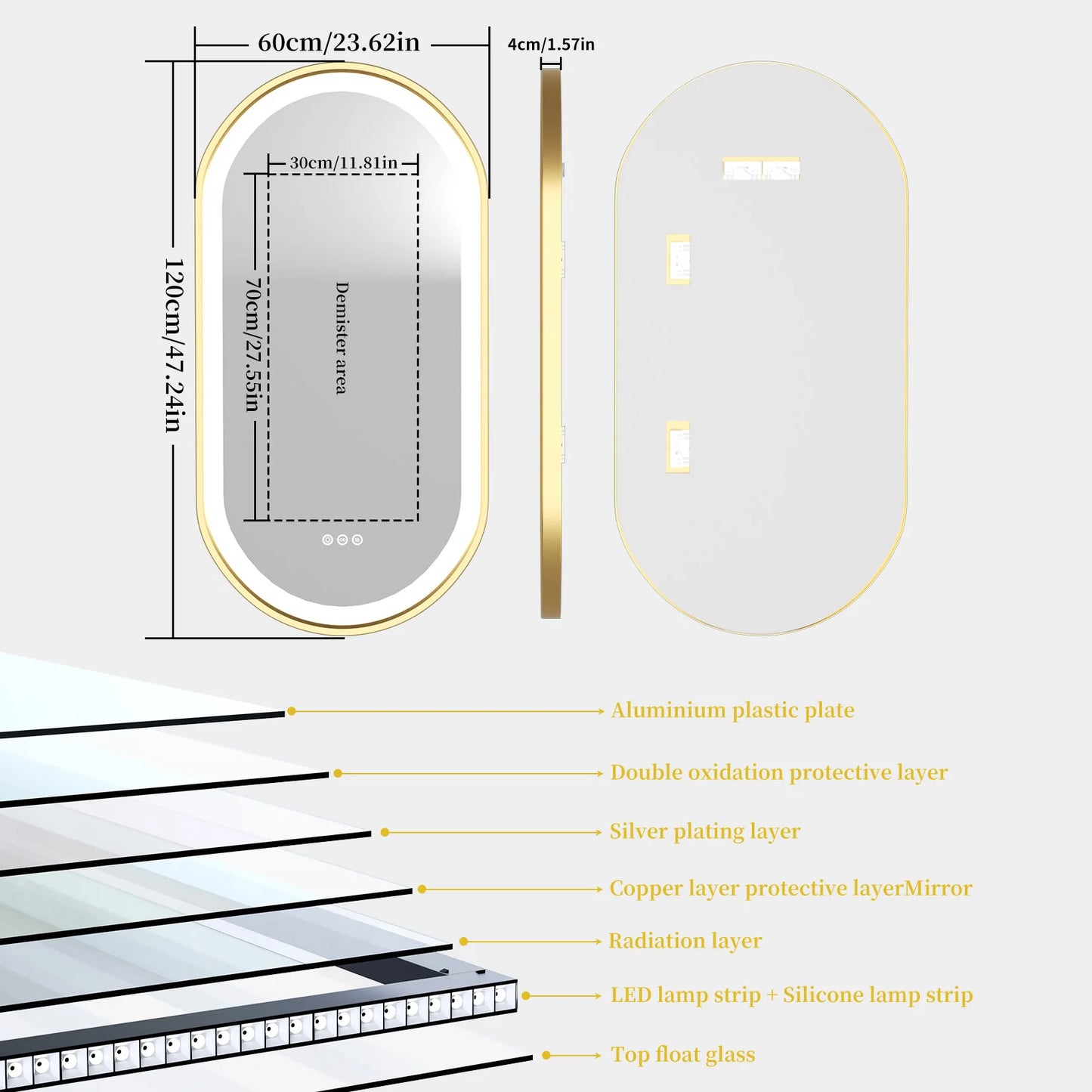 Large LED Oval Bathroom Mirror with Stepless Dimmable Lighted Vanity Mirror for Wall Mounted Vanity with Frame Anti-Fog Memory