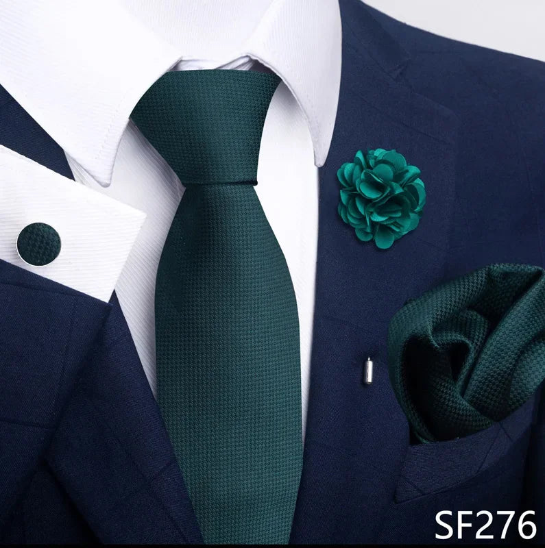 Luxury Green Floral Men’s Necktie Set .Tie, Pocket Square & Cufflinks