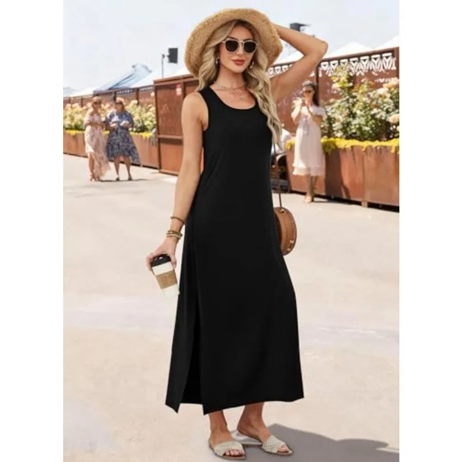 Women’s Sleeveless Casual Maxi Dress | Summer Beach Vacation Side Slit Dress