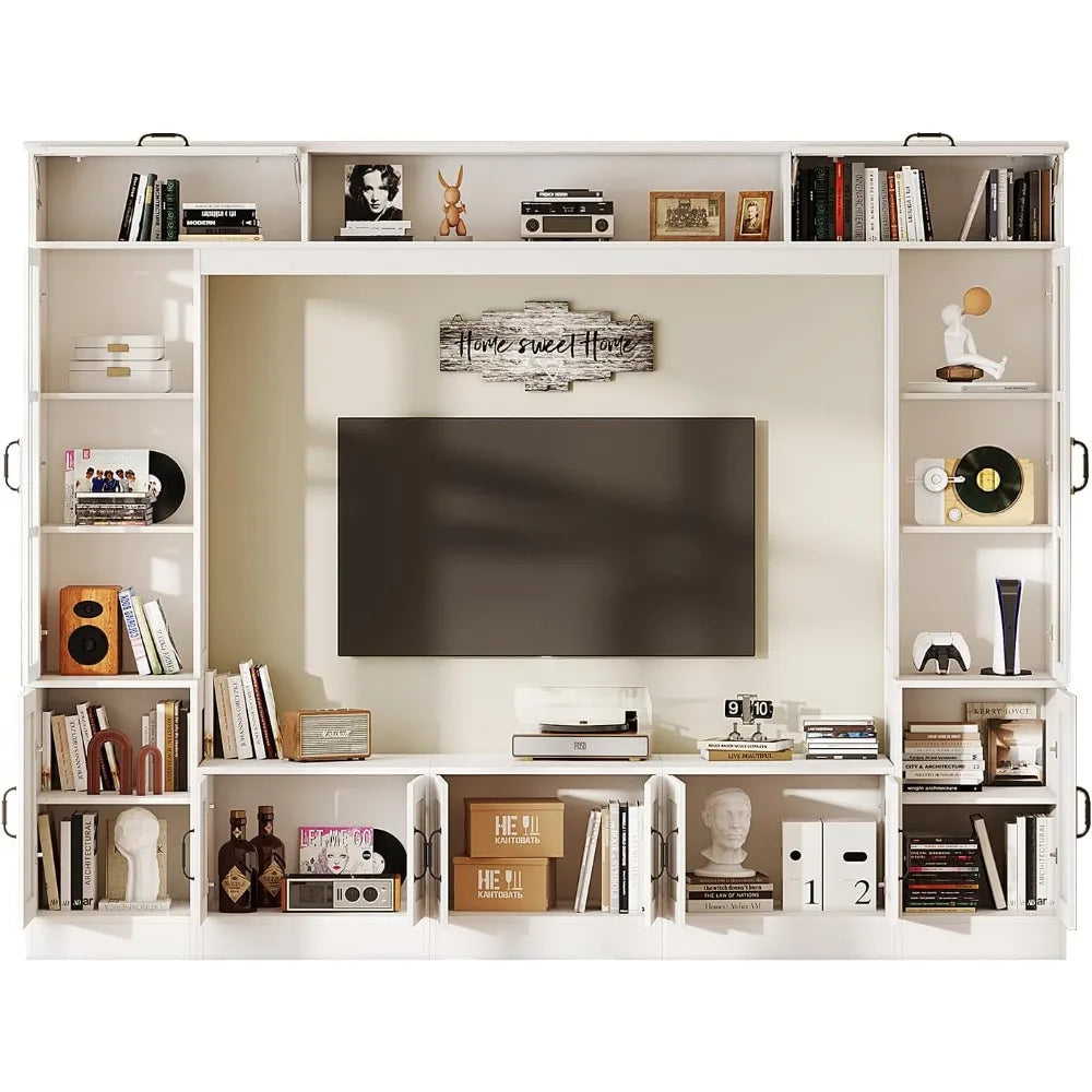 98" W Wall Unit TV Stand with Storage for TVs up to 80", Modern TV Console with LED Lights, Entertainment Center with Bookshelves.