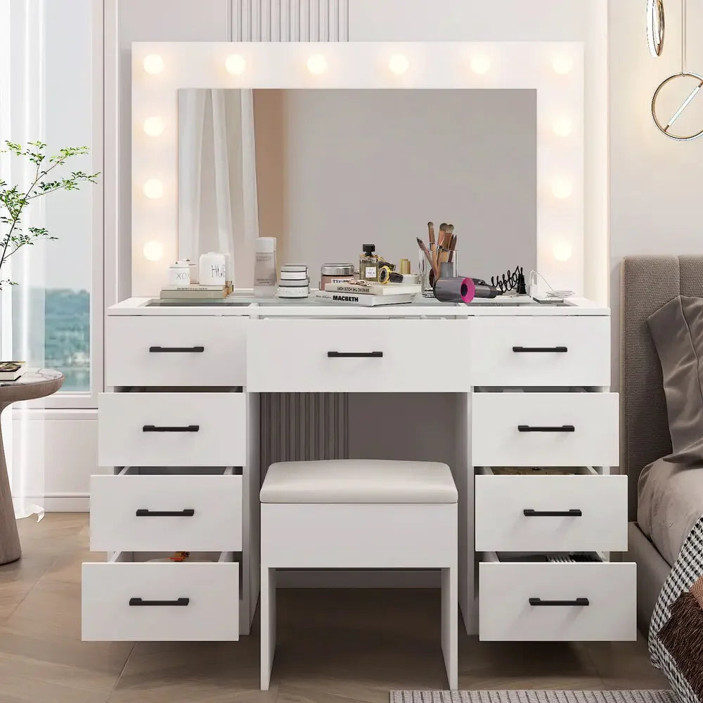 Makeup Vanity Desk Set Large LED Mirror with 9 Drawers Dresser & Power Outlet