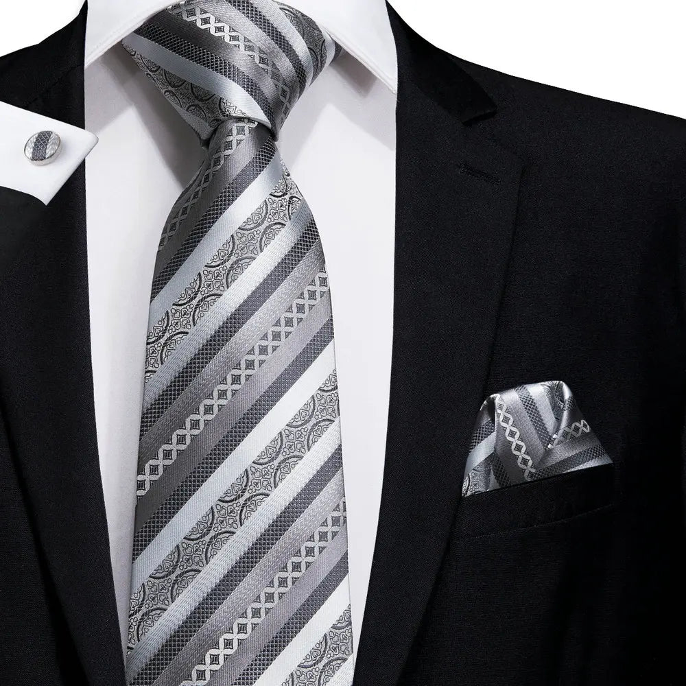Hi-Tie Luxury Silver Men’s Necktie Set with Pocket Square & Cufflinks | Wedding, Business & Formal Events