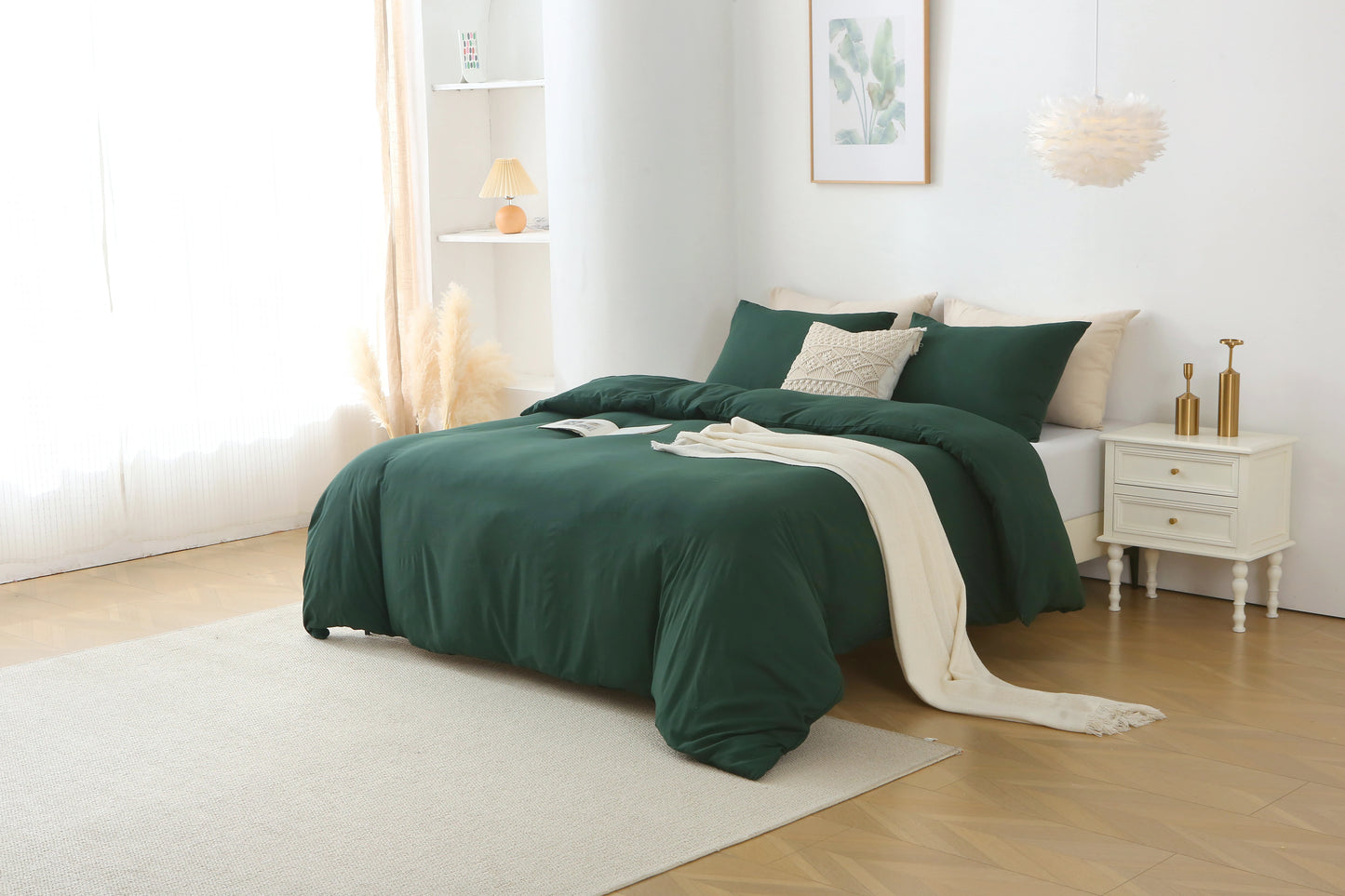 3 Pieces Solid Color Bedding Set with 1 Duvet Cover and 2 Pillow Shams, Comforter Not Included (Queen Size, Green)