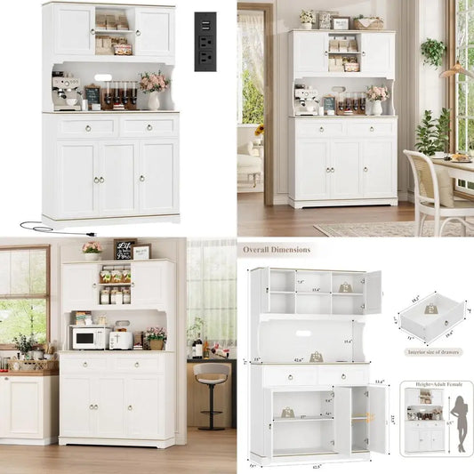 "71 Inch Large Kitchen Pantry Cabinet with Storage Drawers, Countertop, and Charging Station"