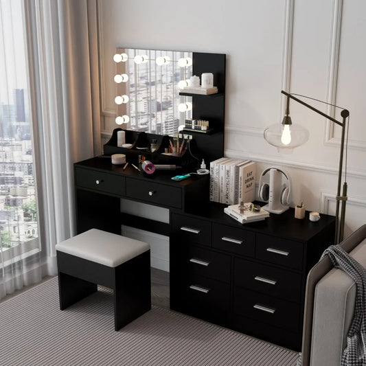 Vanity Table Set Mirror 9 Drawers Dresser Desk w/
