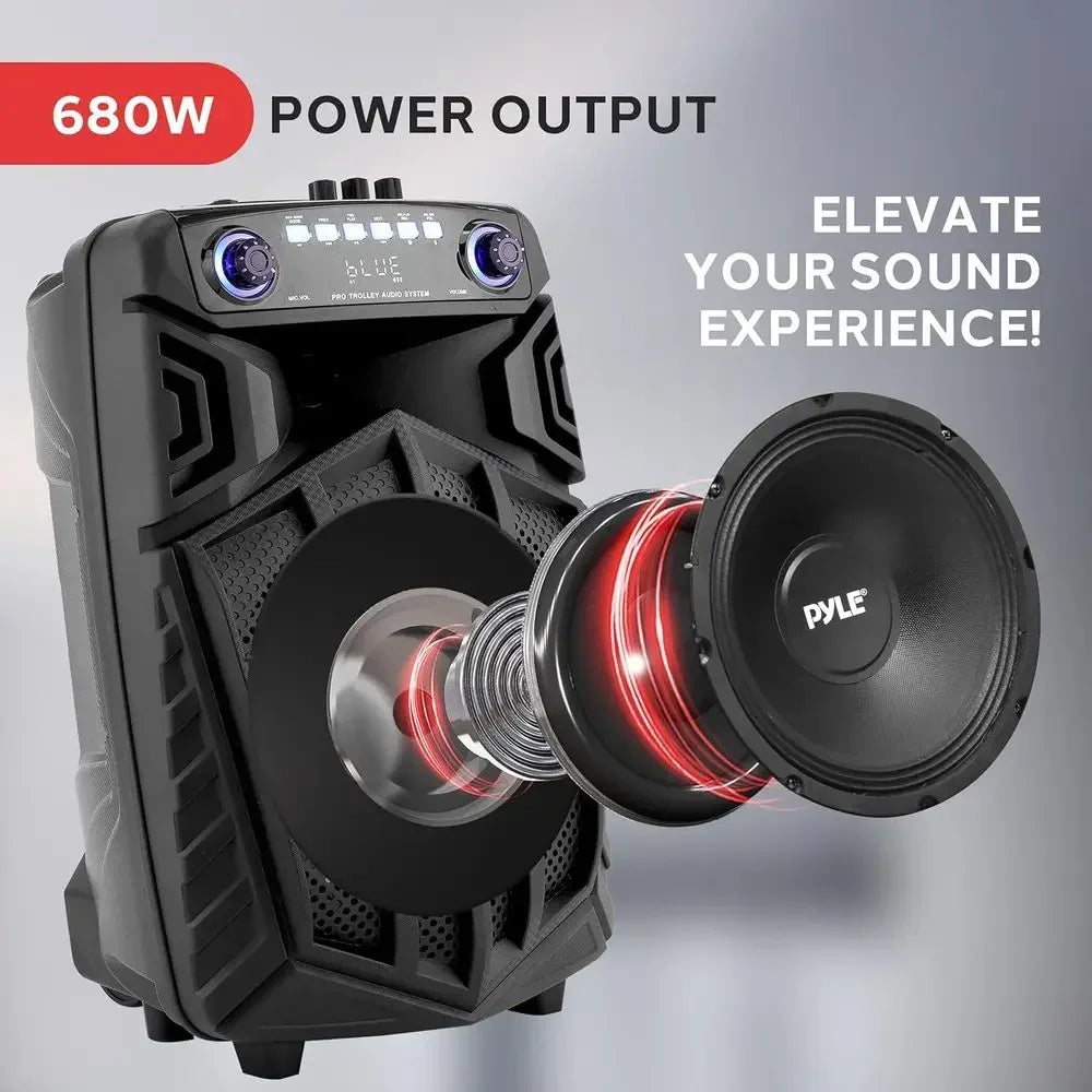 680W Portable Bluetooth PA Speaker with 10 Inch Woofer, Rechargeable Battery, Wireless Microphone & RGB Party Lights