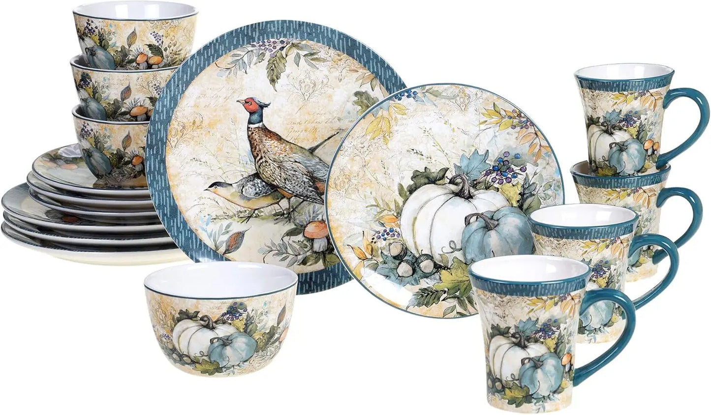 Harvest Gatherings 16-Piece Ceramic Dinnerware Set, Service for 4 - Multicolor Fall Plates, Bowls & Mugs with Pumpkin & Pheasant