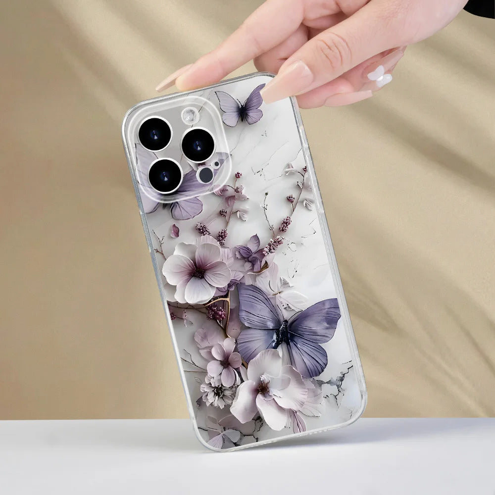 Purple Butterfly Floral Motif Phone Case For iPhone 17 16 15 14 13 12 11 Pro Max Plus Slim Protective Cover
