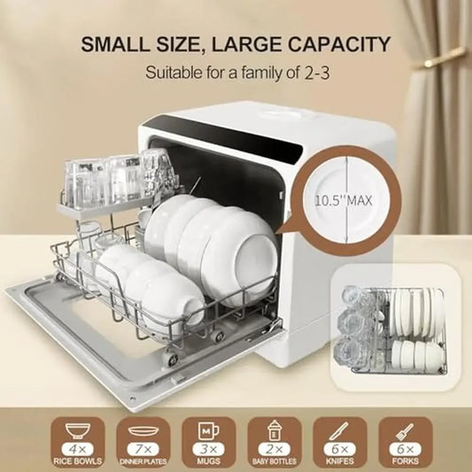 Portable Countertop Dishwasher with 5 Wash Programs Double Sprays Touch Screen Switch Hot Air Drying Mode and 2 Water Supply