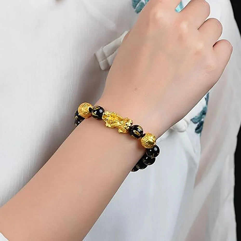 Feng Shui Wealth & Luck Black Bead Bracelet with Gold-Tone Accents