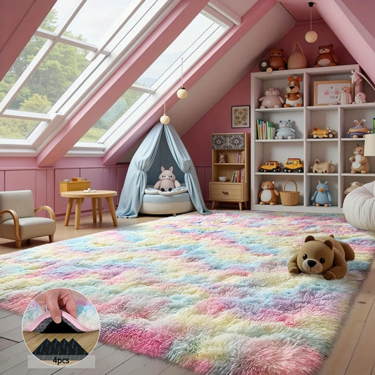 Room Decor Rug,Shaggy Non-Slip Tie-Dye Rainbow Rugs for Living Room/Bedroom/Nursery – Luxury Plush Carpet with 4 Rug Stickers