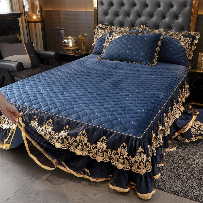 AIWINSURE-European Lace Velvet Bedspread Set, King Size, Queen Thickened Bed Cover, Soft Bed Skirt, Luxury, with 2 Pillowcases