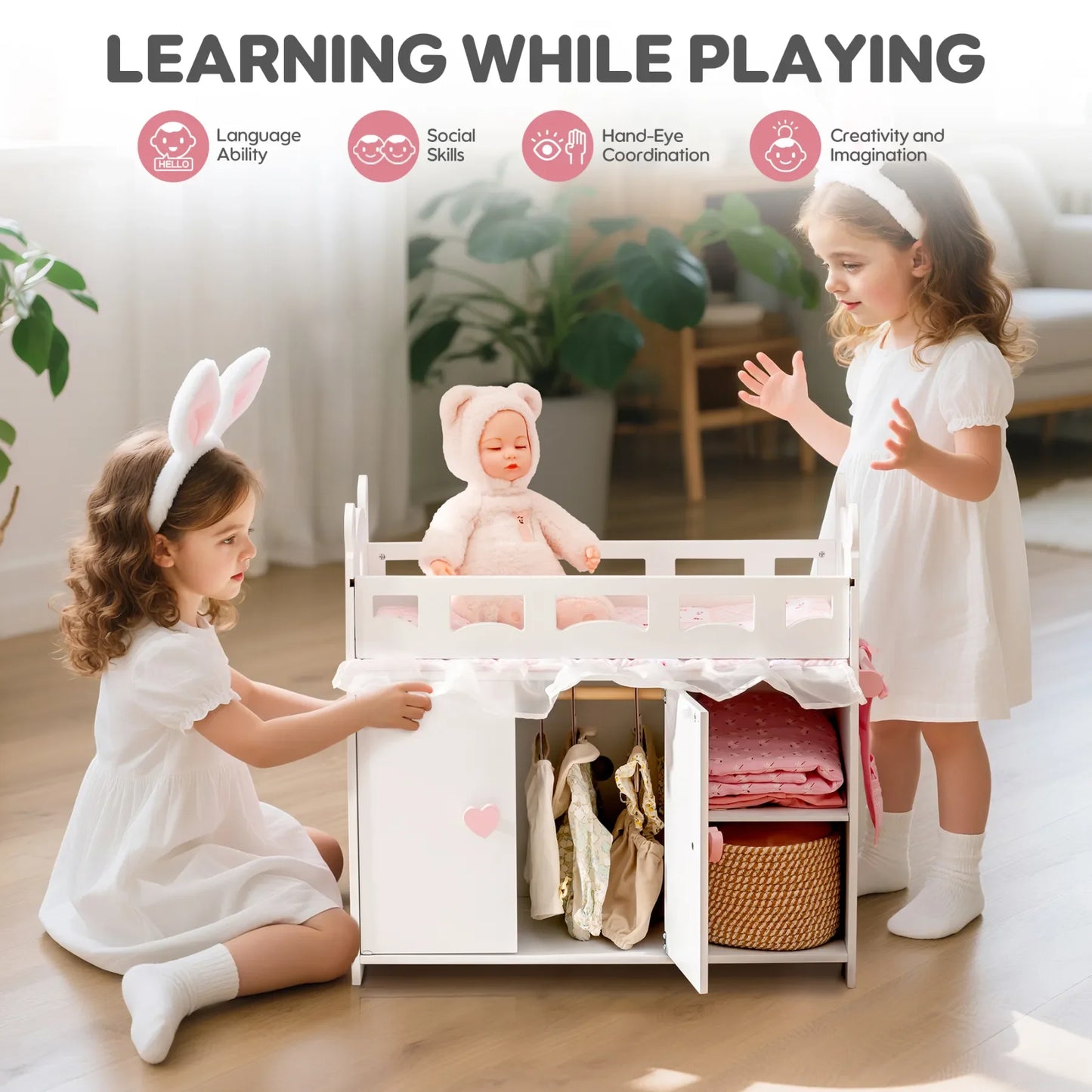 Robotime Robud Doll Crib Changing Table Wooden with Storage Bedding Hooks Fits 18-21" Baby Dolls Pretend Play Gift for Girls
