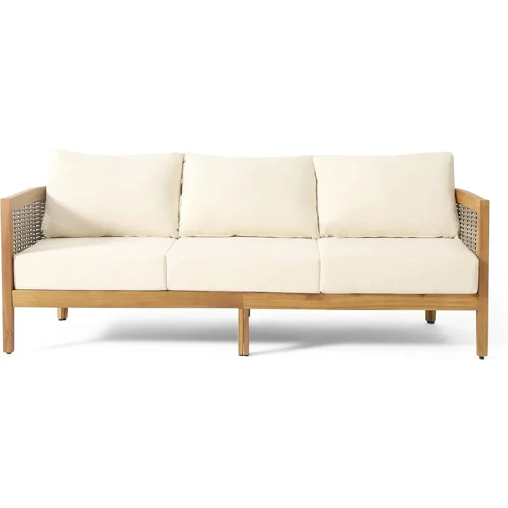 Outdoor Acacia Wood Wicker 3 Seater Patio Sofa Conversation Set