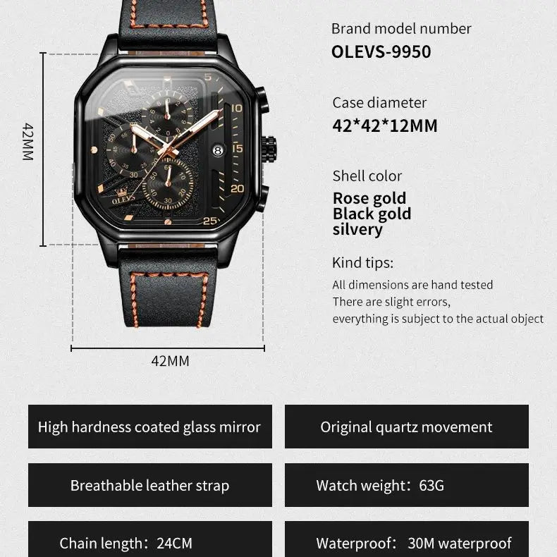 Men’s Square Sports Watch – Bold Black Dial & Modern Statement Design