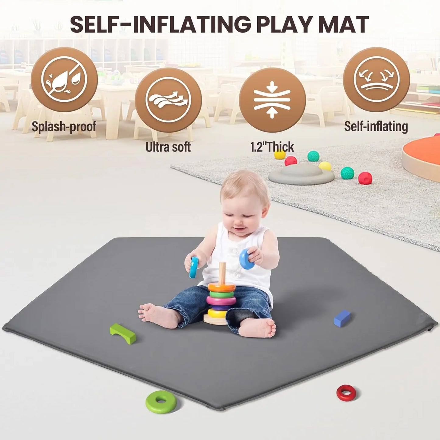 Baby Playpen with Self-Inflating Play Mat & Travel Bag, Portable Outdoor Playpen for Babies and Toddlers,Pop Up Play Tent (Grey)