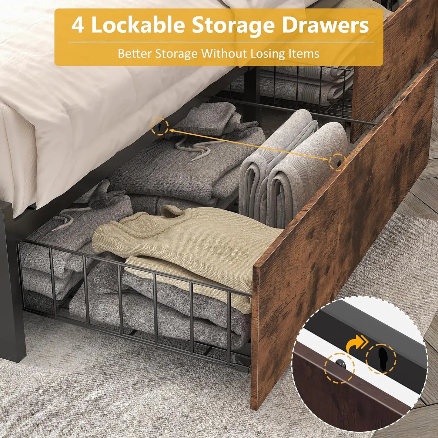 Queen Bed Frame with LED Lights, Charging Station & Storage Headboard