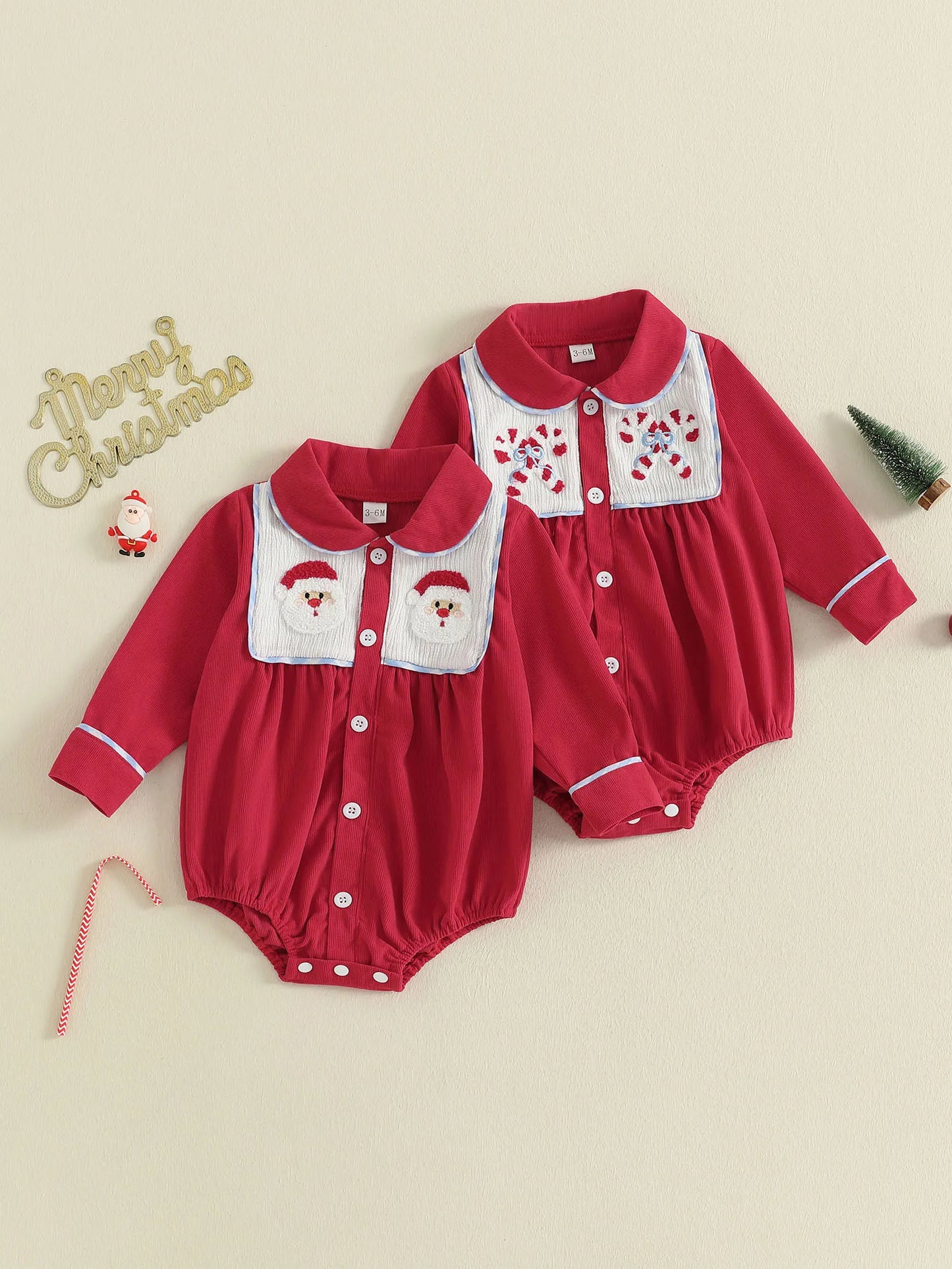 Christmas Baby Romper with Santa and Candy Cane Embroidery Long Sleeve Design Doll Collar and Button Down Closure for a