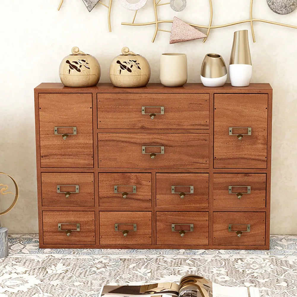 12 Drawer Wooden Apothecary Cabinet with Label Slot & Metal Handle Tabletop Storage Box Library Card Catalog Cabinet for Desk