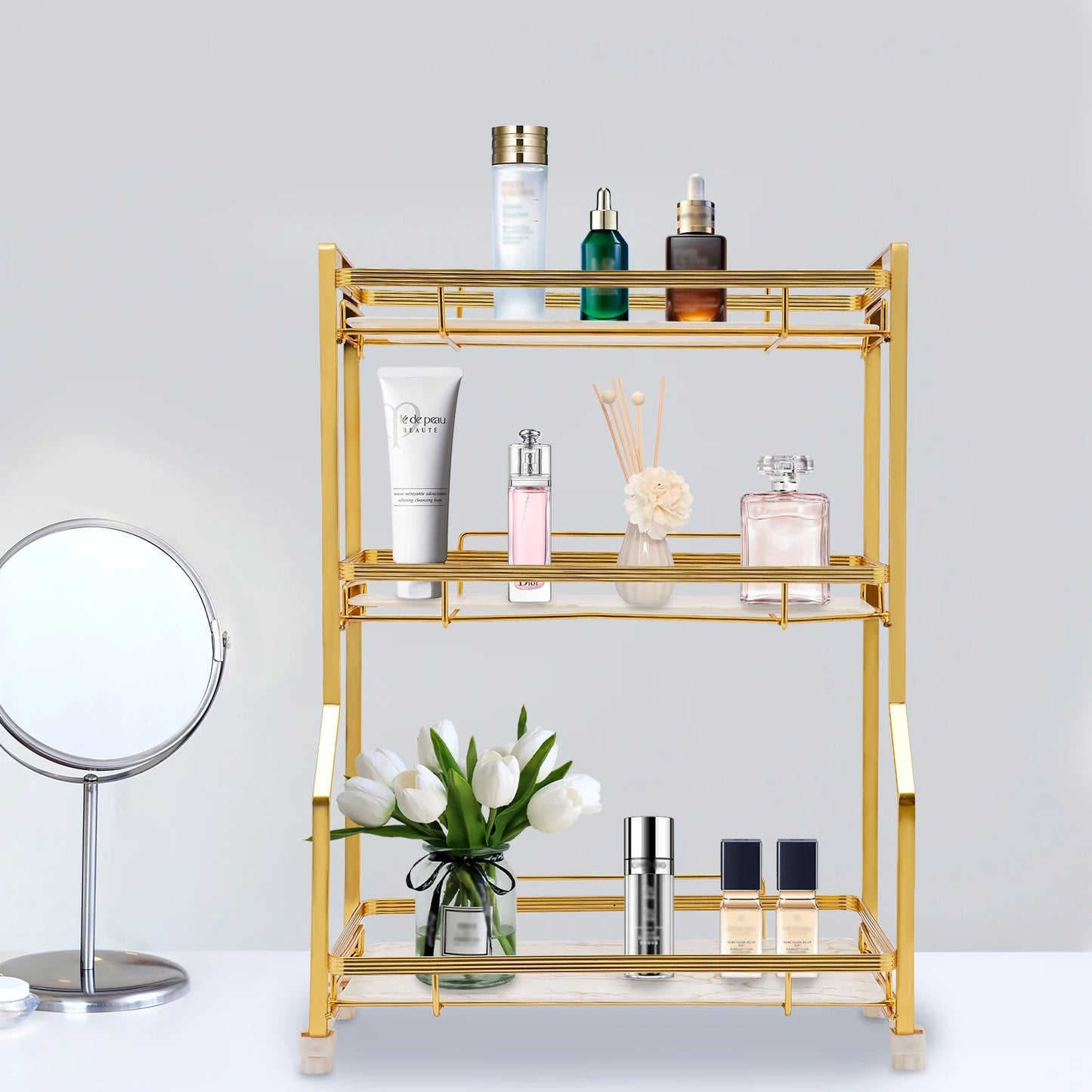 3 Tier Bathroom Countertop Organizer, Gold Bathroom Vanity Counter Organizer with Small Storage Basket for Skincare Makeup