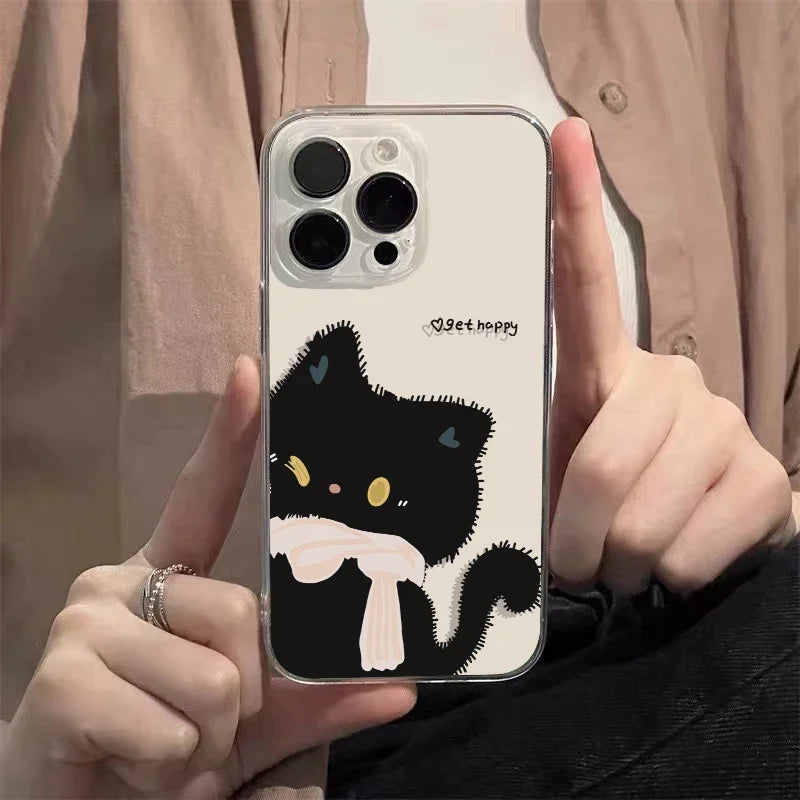 Cute Black & White Cat Couple iPhone Case . Matching Cartoon Cat Design, Aesthetic Protective Cover