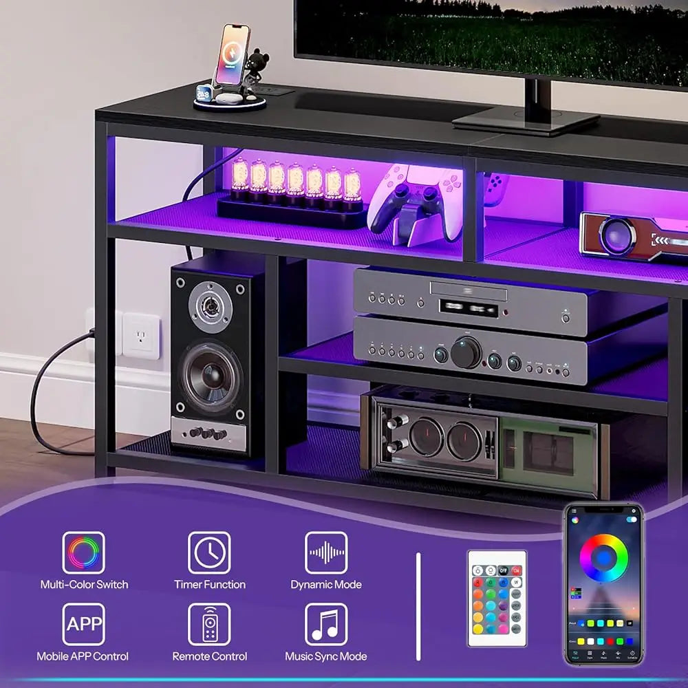 Led Tv Stand With Charging Station, 4-Tier Entertainment Gaming Center, Modern Media Console Table, Open Shelves, 55.1""L X