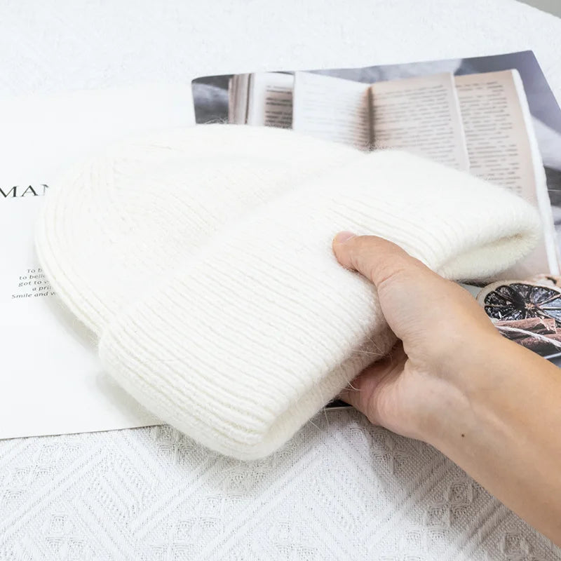 Warm Cashmere Wool Beanie For Women Rabbit Fur Threefold Cap