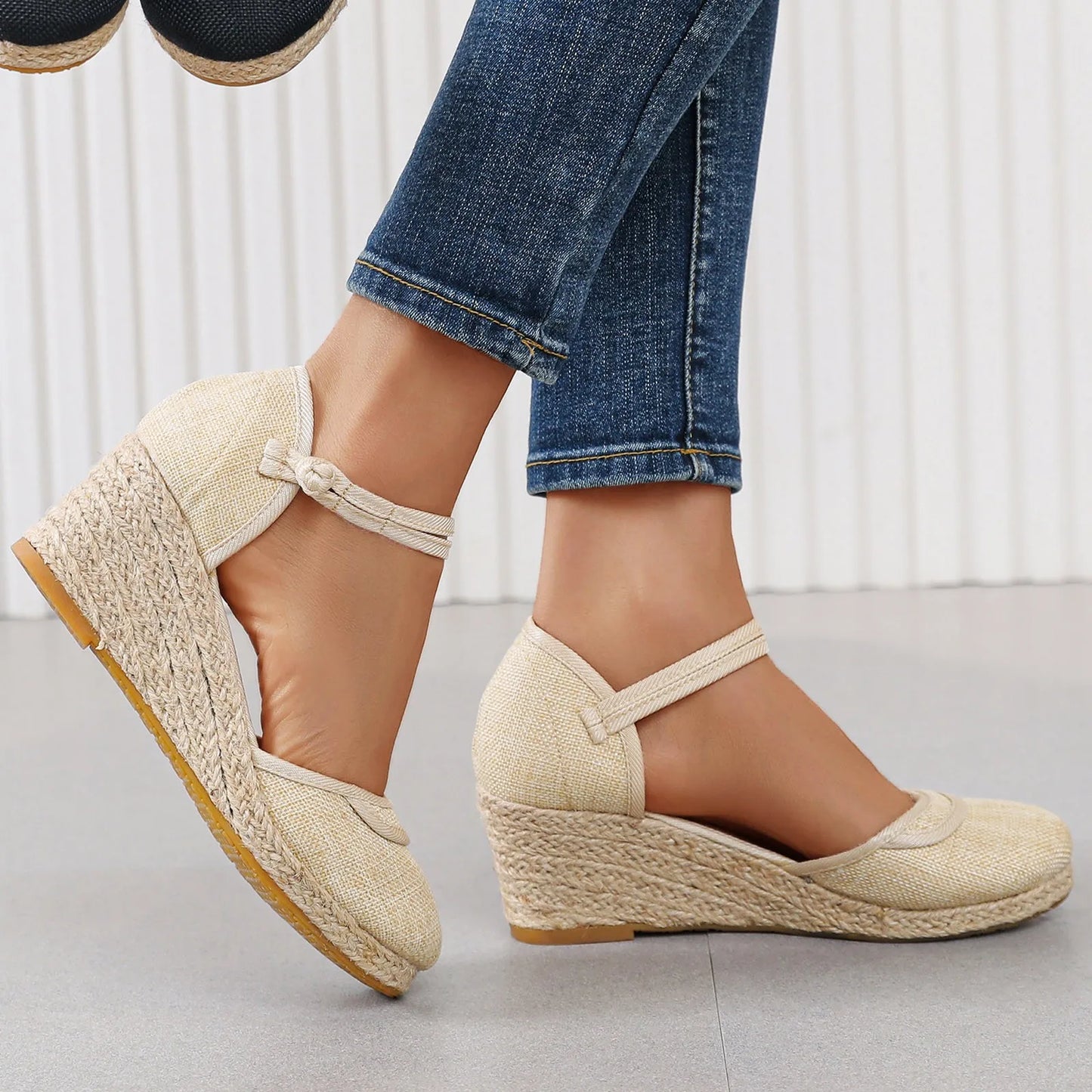 Womens Retro Plain Wedge Sandals Ladies Espadrille Summer Fashion Breathable Ankle Strap Sandals Casual Chunky Beach Sandals