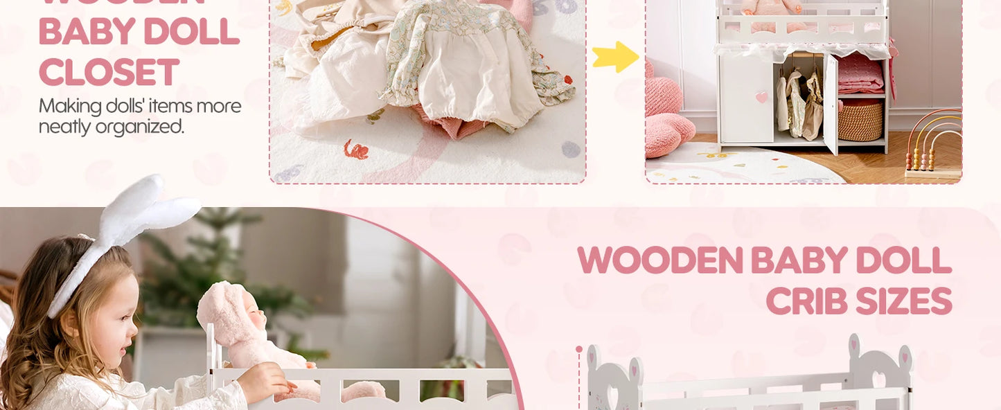 Robotime Robud Doll Crib Changing Table Wooden with Storage Bedding Hooks Fits 18-21" Baby Dolls Pretend Play Gift for Girls