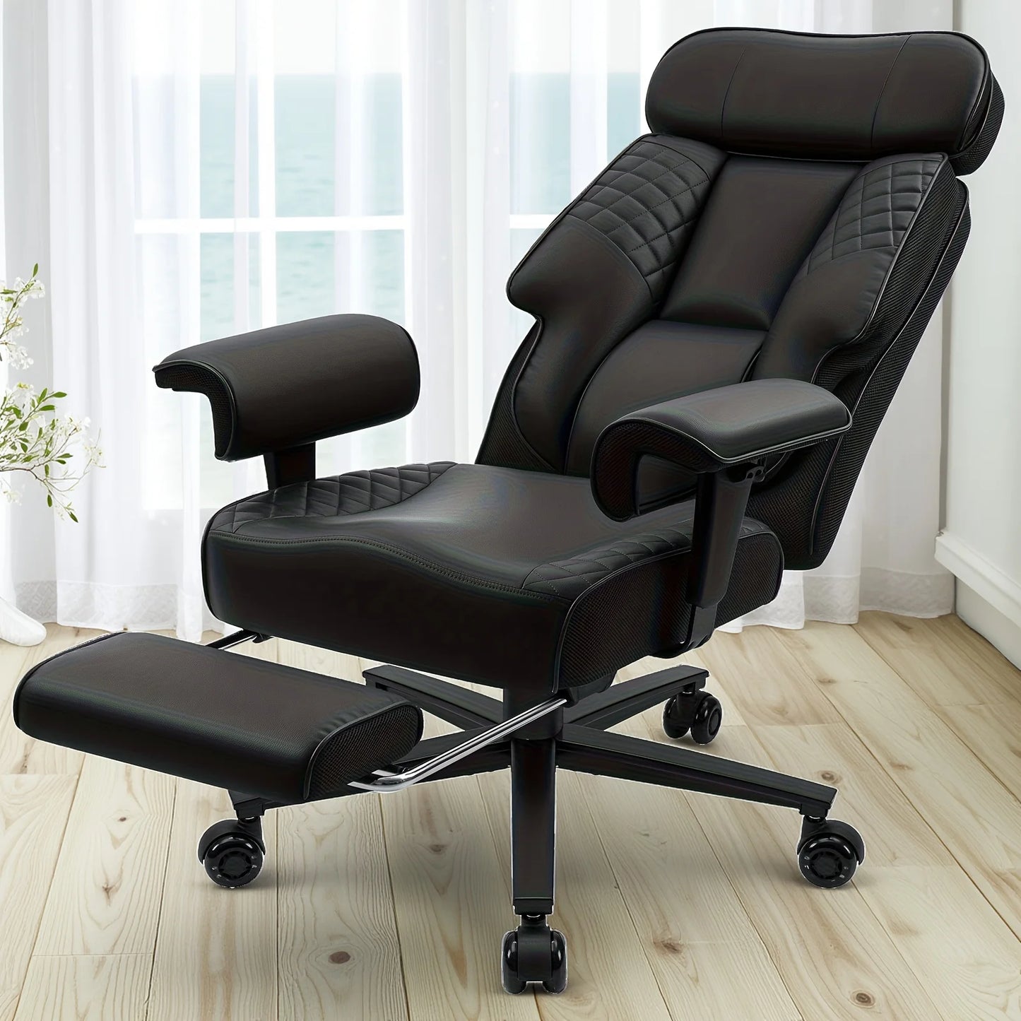 Executive Office Chair with Footrest, Adjustable Headrest & Lumbar Support, Ergonomic High Back Reclining Desk Chair