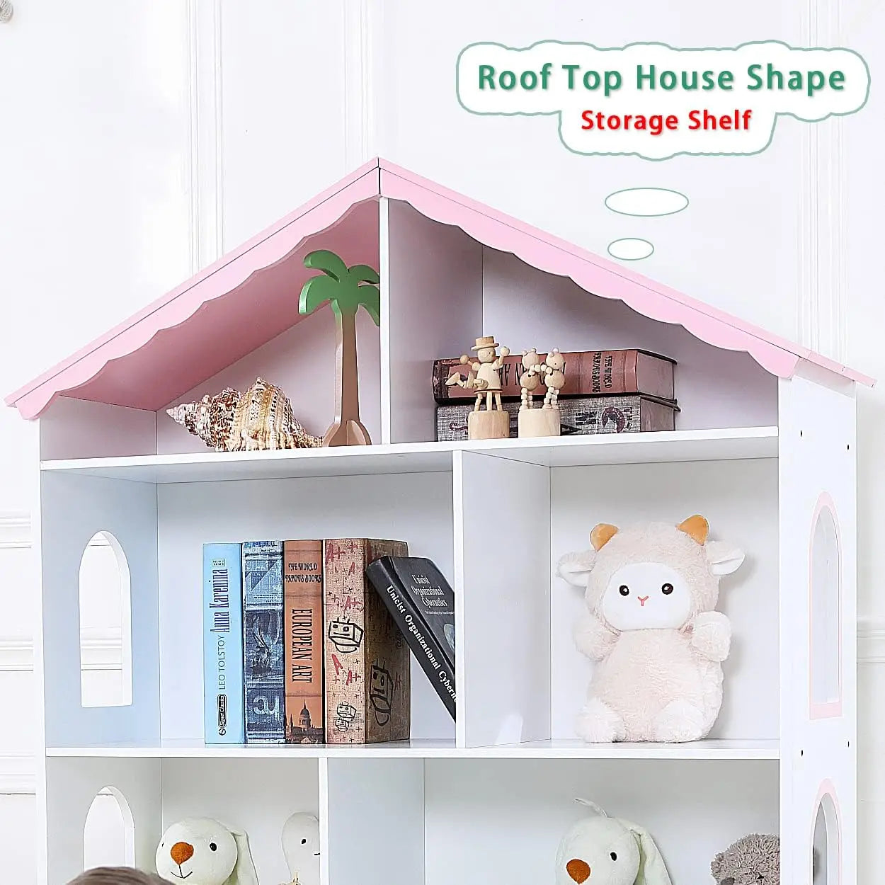 Wooden Dollhouse Bookshelf 4-Tier Children's Bookcase Display Storage Doll House Organizer Furniture for Kids Bedroom Playroom N