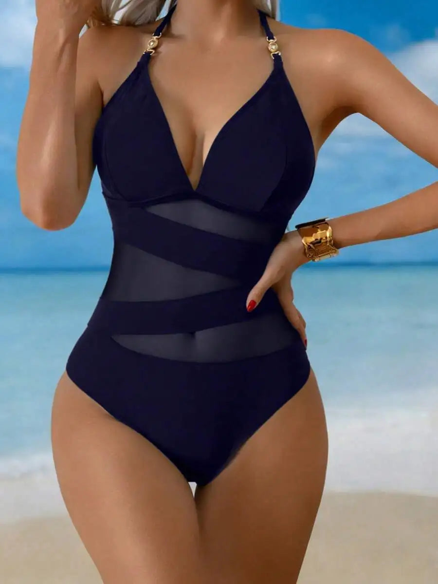 Women’s V-Neck Mesh Cutout One-Piece Swimsuit | Tummy Control Halter Bathing Suit