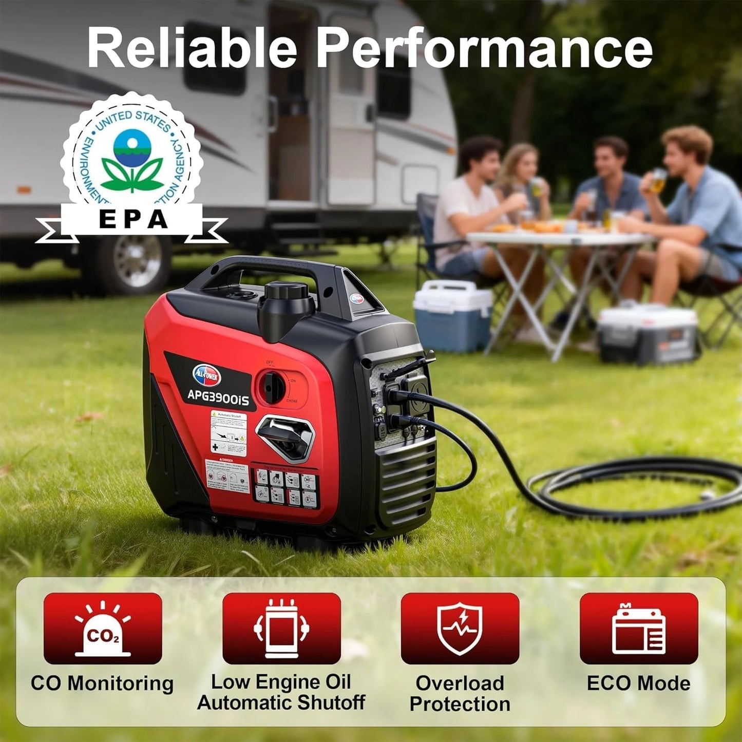 All-Power 3500W Portable Inverter Generator – Quiet Small Gas-Powered Generator with ECO Mode, CO Sensor, Ideal for Camping, Home Use Emergency Backup