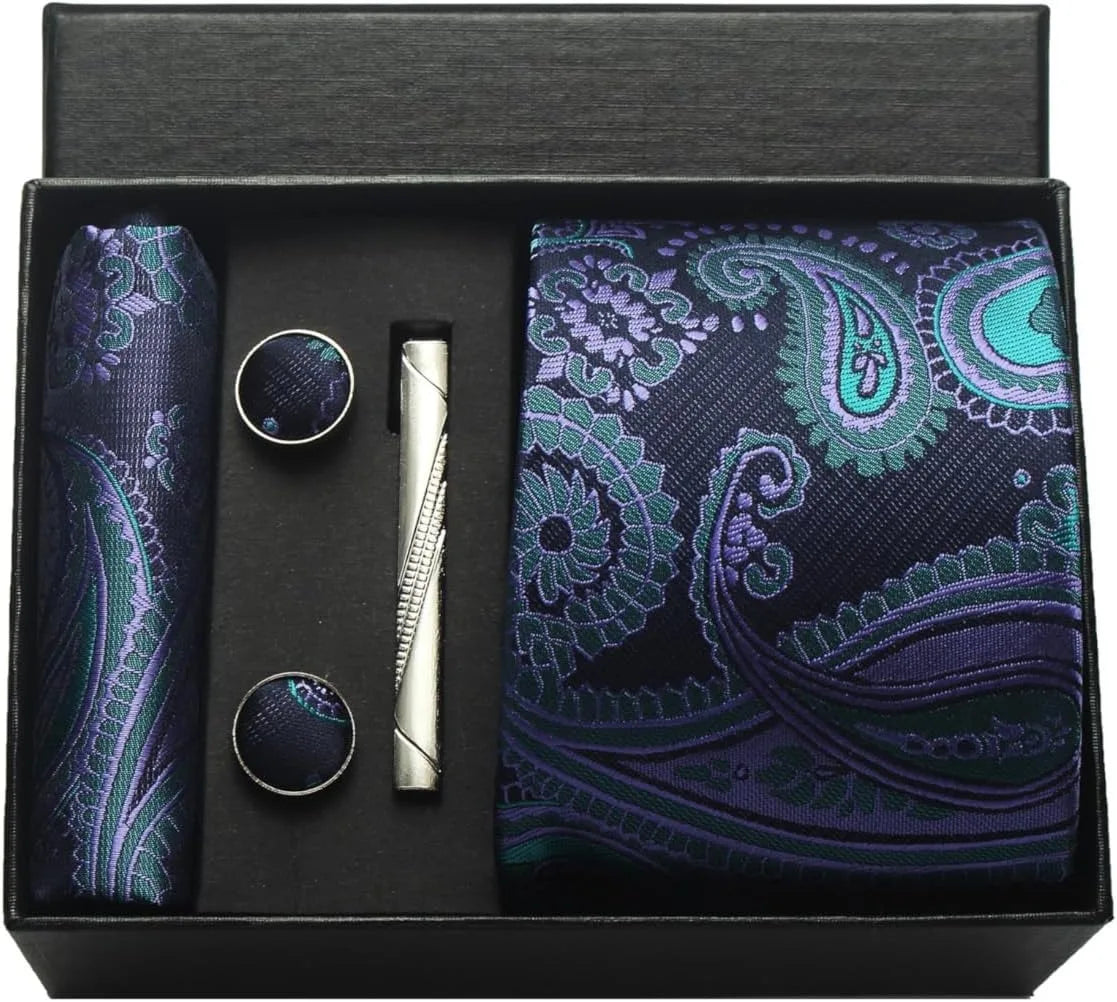 Luxury 100% Silk Paisley Floral Men’s Necktie Set | Business Tie with Matching Pocket Square & Formal Accessories