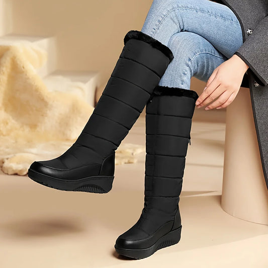 Women's Fuzzy Faux Fur Winter Snow Boots Fashion Platform Wedges Heel Pull On Waterproof Casual Comfy Knee High Boots Woman