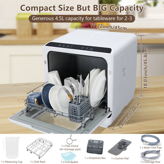 Portable Countertop Dishwasher with 4.5L Built-in Water Tank, 5 Washing Programs & Air-Drying Function, 360° Dual Spray Arm