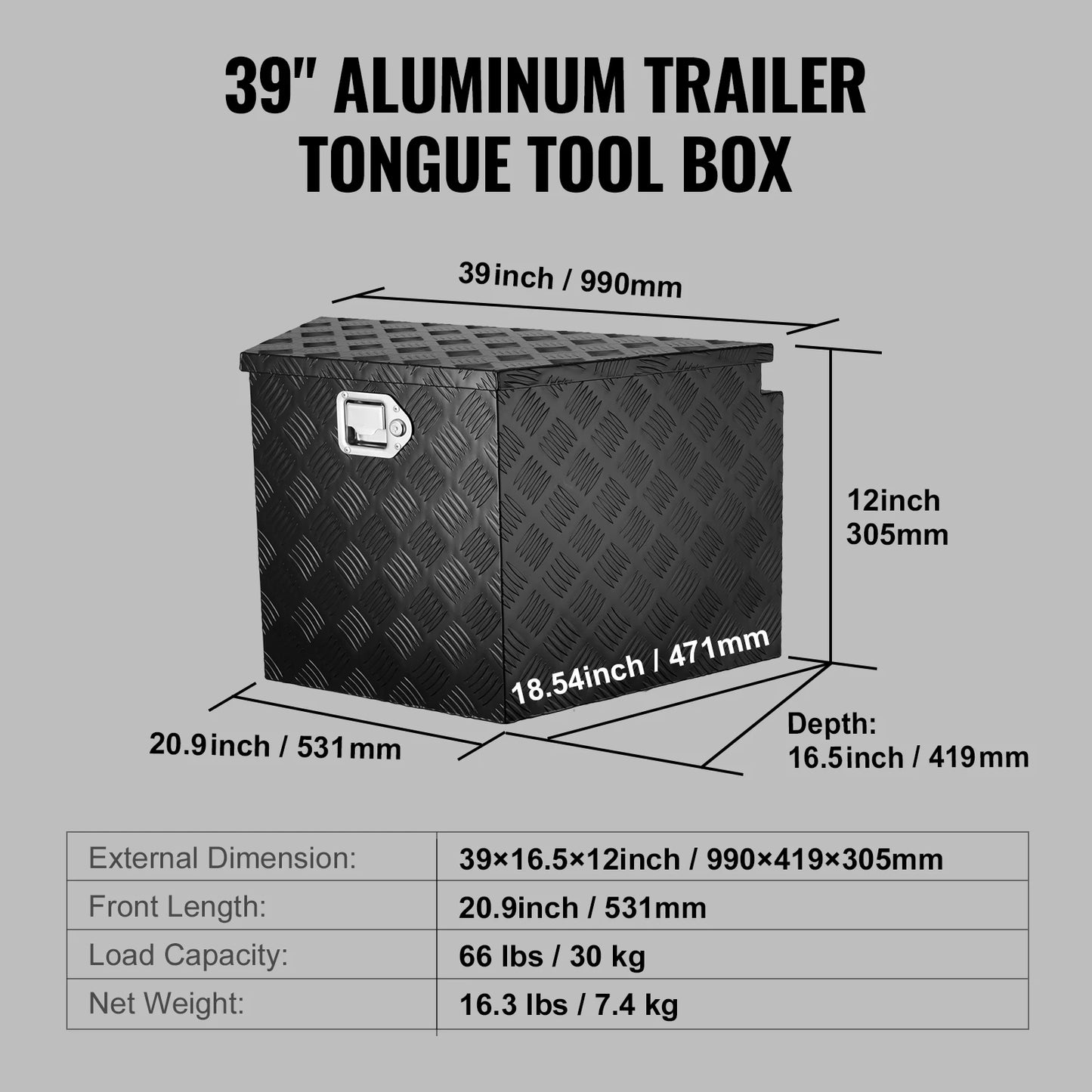 VEVOR Trailer Tongue Box, Aluminum Alloy Diamond Plate Tongue Box Tool Chest, Heavy Duty Trailer Box Storage for Pickup Truck