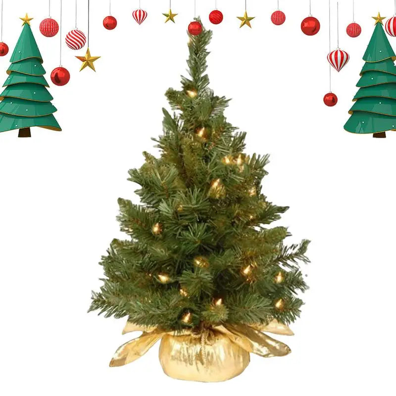 Pre-Lit Artificial Pine Christmas Tree . 60cm Mini Tabletop Christmas Tree with Warm LED Lights & Burlap Base