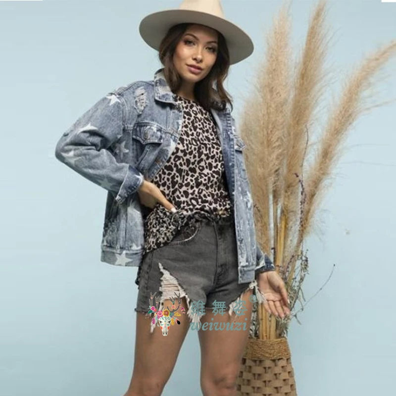 Women Denim Jacket Star Pattern Ripped Detail Casual