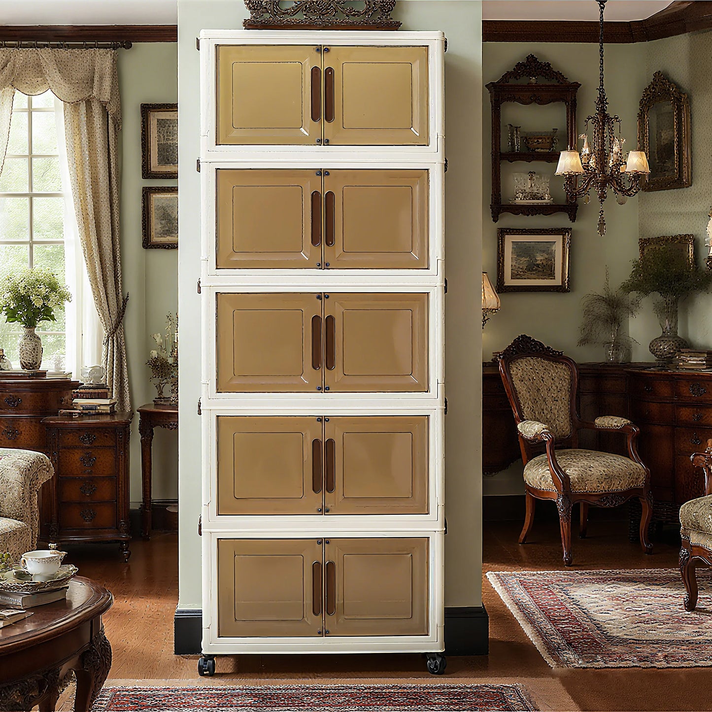 Foldable storage cabinet with stackable storage box, transparent magnetic door + universal wheels + stackable design