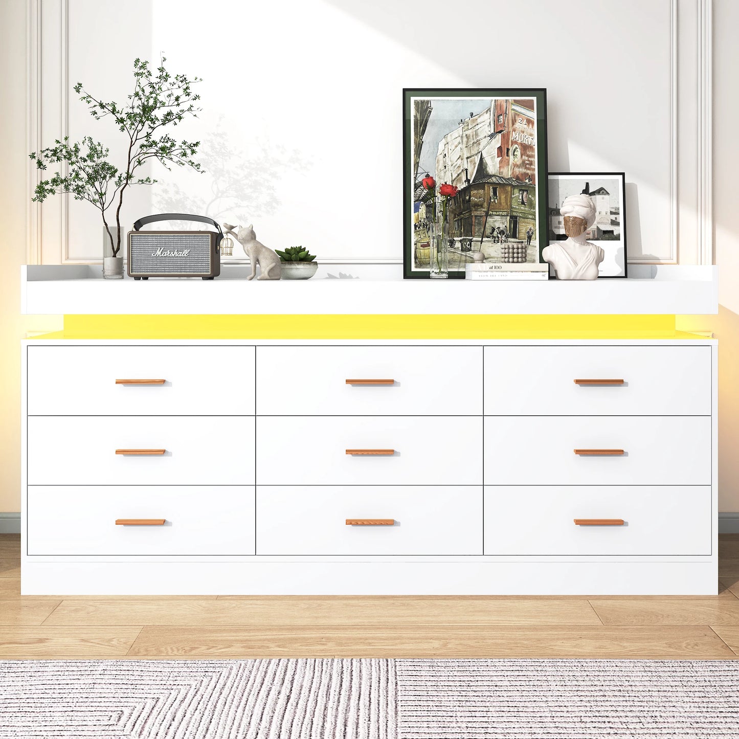 9 Drawer Dresser with LED Light and Charging Station, Modern Chest of Drawers for Closet, Wide Drawer Organizer Cabinet