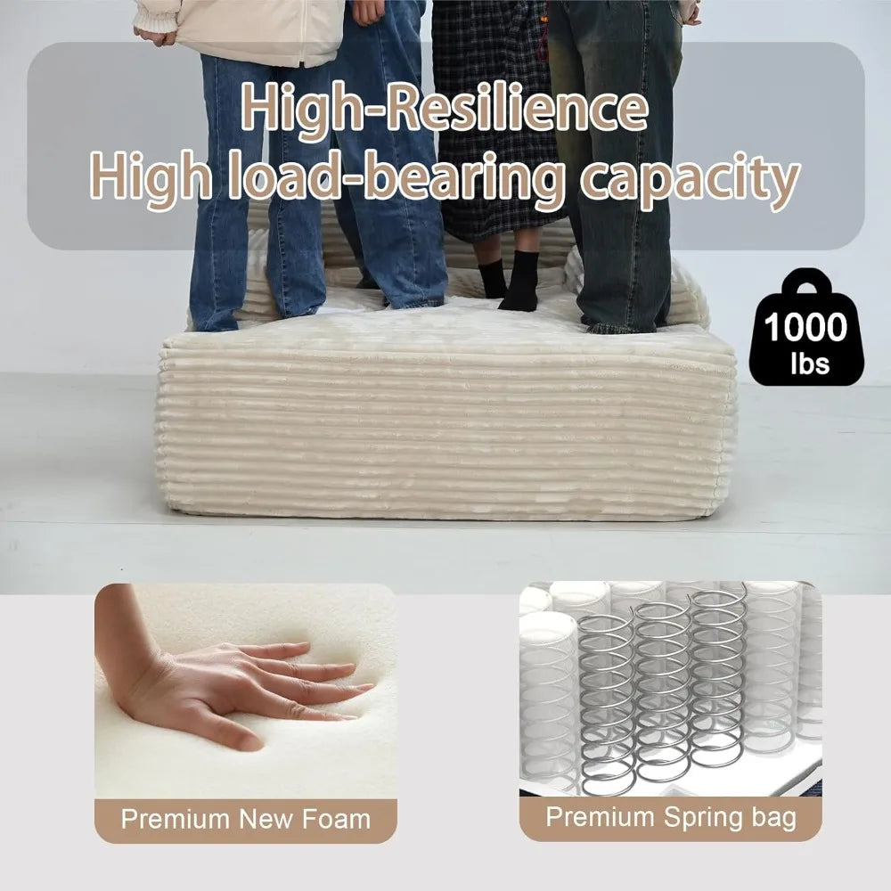 Boneless Couch Deep Seat with 3 Pillows,67" Oversized Chaise Lounge Recliner Chair,Cloud Plush Corduroy Comfy Memory Foam Cream