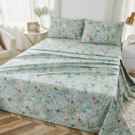4pcs 600 TC 100% Egyptian Cotton Fitted Sheet Set (Without Core), Vintage Butterfly In Botanical Floral, Soft & Skin-friendly